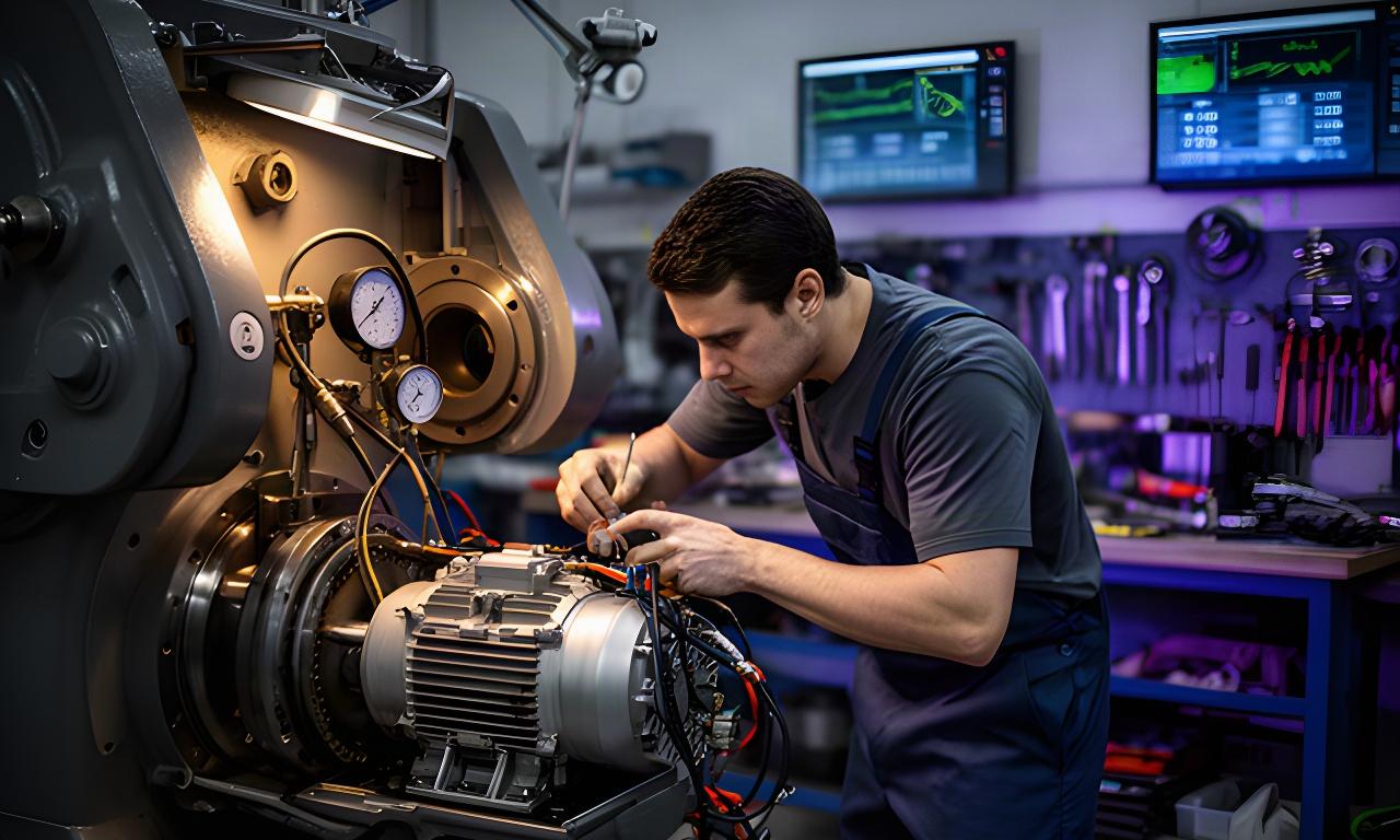 Técnico revisando el motor de una máquina industrial en un taller de reparación de equipos